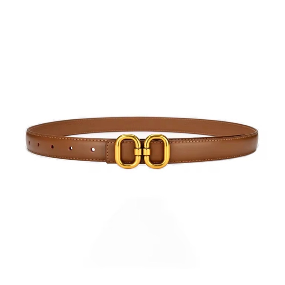 Women’s Thin PU Leather Belt with Gold Double-Ring Buckle - Brown